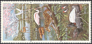 Бразилия, 1984, Фауна, Птицы, Рептилии, 3 марки сцепка